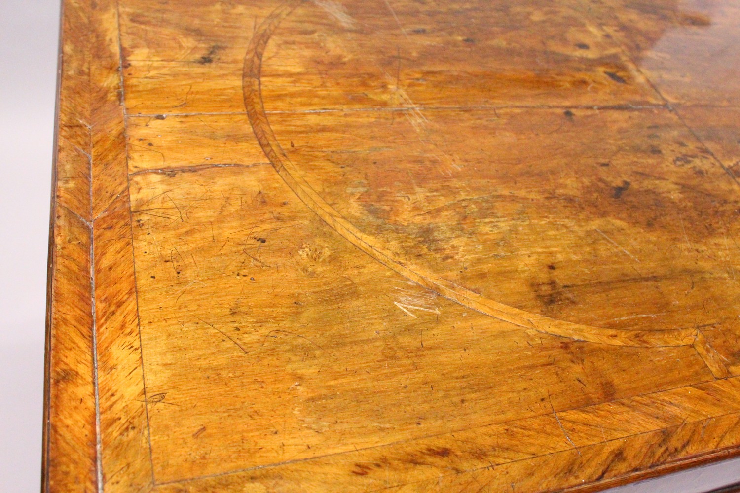 AN EARLY 18TH CENTURY WALNUT CHEST ON STAND, with a herringbone inlaid top, four graduated long - Image 4 of 17