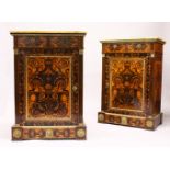 A GOOD PAIR OF 19TH CENTURY MARQUETRY PIER CABINETS, with ormolu mounts, variegated yellow marble