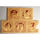 A SET OF FIVE MINTON TILES, classical scenes, including 'ANTONY & CLEOPATRA'. 15cms.