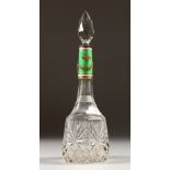 A GOOD RUSSIAN CUT GLASS SCENT BOTTLE AND STOPPER, with silver and green enamel band. 20cms high.