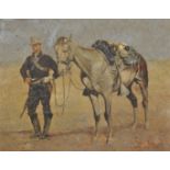 Manner of Frederic Sackrider Remington (1861-1909) American. A Cavalry Officer, standing by a Horse,