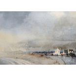 R... P... Hutchinson (20th - 21st Century) British. "Chesil Beach (Dorset)", with Figures on the