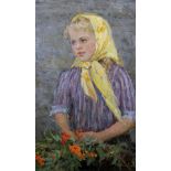 Alexandra Vasilievna Saikina (1925-2017) Russian. "Little Girl with Yellow Scarf", arranging