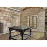 19th Century English School. The Interior of a Castle Library, with a Central Oak Table,