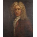 18th Century English School. Bust Portrait of a Wigged Gentleman, wearing a Red Coat with a White
