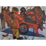 Circle of Alan Lowndes (1921-1978) British. Figures by a Chestnut Barrow, Oil on Canvas, 12" x 16".