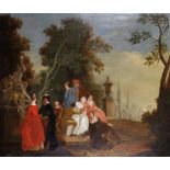 Manner of Jean-Antoine Watteau (1684-1721) French. Elegant Figures on a Terrace, beside a