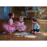 Konstantin Razumov (1974- ) Russian. "Two Little Girls and a Boy Drawing on the Floor", Oil on