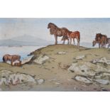 Allen William Seaby (1867-1953) British. 'Dartmoor Ponies', Woodcut in Colours, Unframed, 9" x 13.