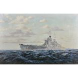 Edward D Walker (1937- ) British. "HMS Vanguard", in Choppy Waters, Oil on Canvas, Signed, and