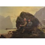 Johann Wilhelm Cordes (1824-1869) German. A Norwegian Fjord Scene,, with Figures Seated on a