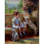 Konstantin Razumov (1974- ) Russian. "Friends", A Girl with Two Puppies, seated by a Window, Oil
