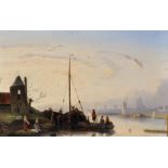 19th Century Dutch School. A Dutch River Landscape, with Figures in Boats, and a Washer Woman by the