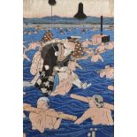 19th Century Japanese School. Japanese Ladies being carried across a River, Woodcut in Colours,