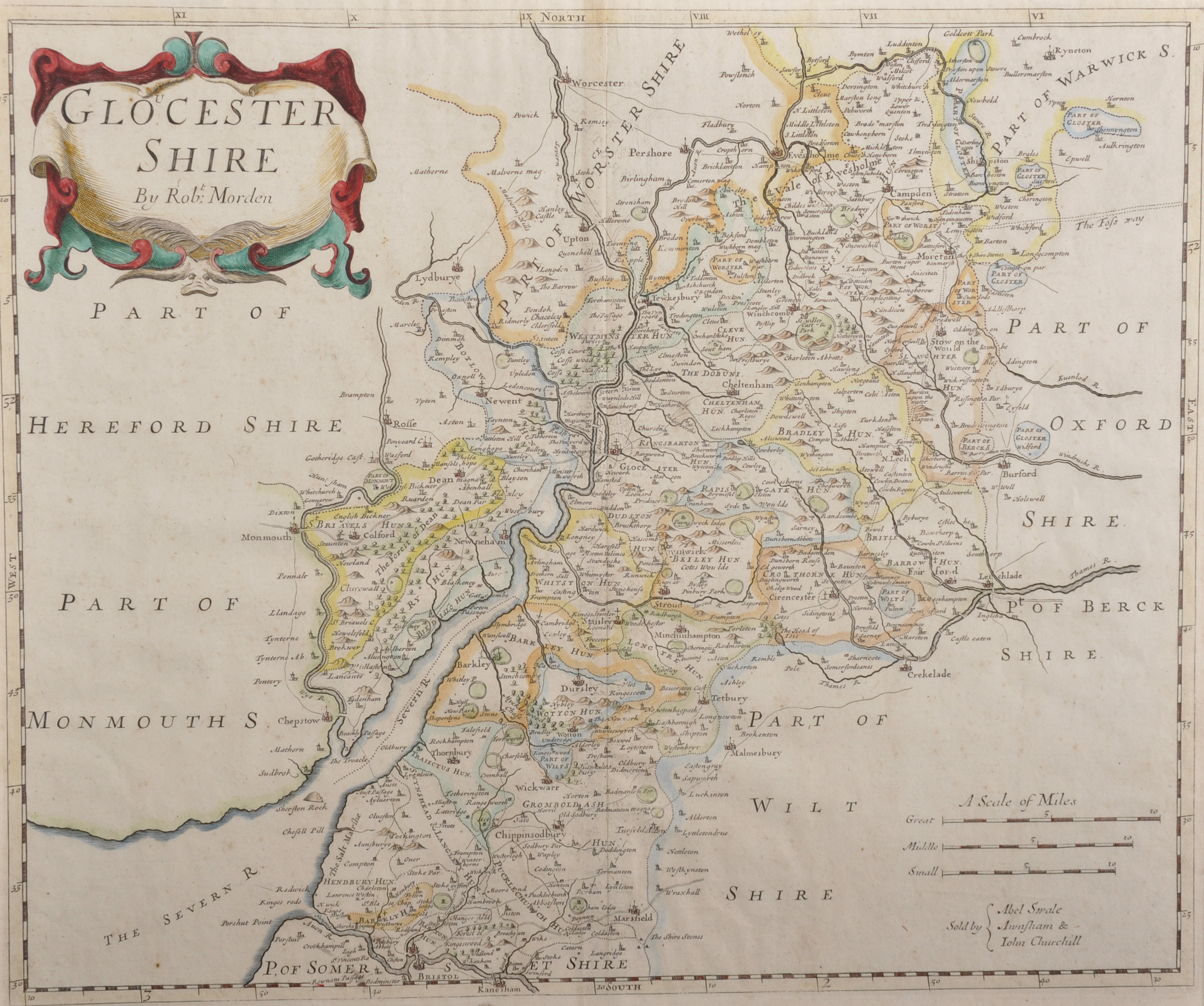 Robert Morden (c. 1650-1703) British. "Gloucester Shire [sic]", Map, 13.75" x 16.5".