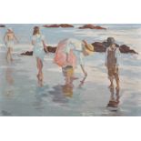 Pablo Matania (1936- ) Brazilian. Figures on a Beach, Oil on Canvas, Signed, Unframed, 11.75" x 17.