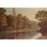 W... M... Hanna (19th - 20th Century) British. A River Landscape, with Figures by a Cottage, Oil