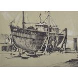 Edward Wesson (1910-1983) British. "In Dry Dock", Study of a Boat, Pen with Whitening, Signed, 8.25"