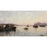 Edmond Marie Petitjean (1844-1925) French. An Estuary Scene with Boats, Oil on Canvas, Signed, 10.5"