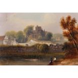 19th Century English School. "Winchester", a River Landscape, with the Cathedral and Cottages, and