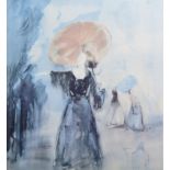 20th Century French School. A Girl with a Pink Parasol, Lithograph, Indistinctly Signed, 17" x 15.