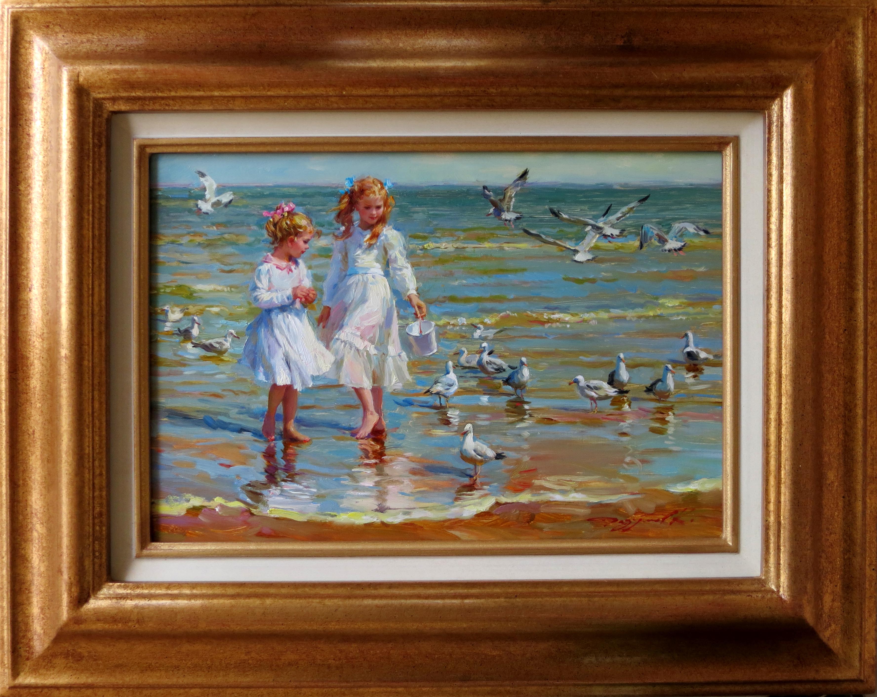 Konstantin Razumov (1974- ) Russian. "The Seagulls", Two Young Girls on a Beach, with Seagulls, - Image 2 of 5