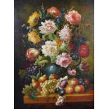20th Century Italian School. Still Life of Flowers in a Green Vase, with Fruit in the foreground,