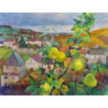 John Ivor Stewart (1936-2017) British. A Pear Tree with a Townscape beyond, Oil on Board, Signed,