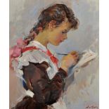 Petr Fillippovich Alberti (1913-1994) Russian. "A School Girl", Study of a Young Girl Writing in a