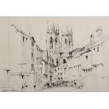 Edward Wesson (1910-1983) British. 'York Minster', with Figures in the foreground, Ink, Signed,