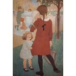 Gertrude Halsey (20th Century) British. "Playing in the Park", Lithograph, Signed and Dated 1916
