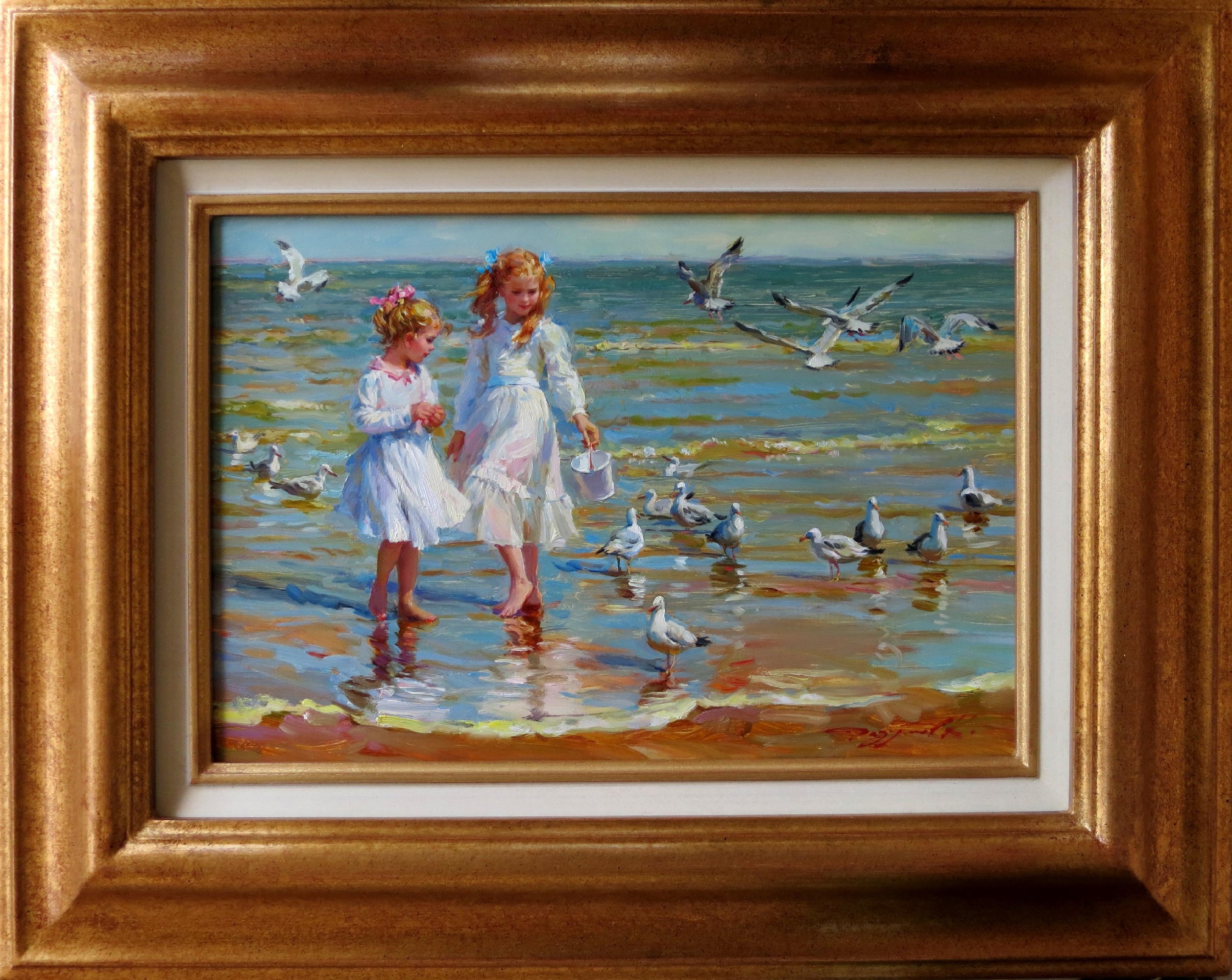 Konstantin Razumov (1974- ) Russian. "The Seagulls", Two Young Girls on a Beach, with Seagulls, - Image 4 of 5
