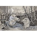 W...Rich (20th Century) British. A Study of Fantasy Animals, en Grisaille, Signed, 6" x 9", and