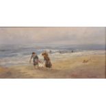 Andrea Couldridge (20th Century) British. Two Girls and a Small Child on a Beach, Oil on Panel,