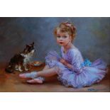 Konstantin Razumov (1974- ) Russian. "Sophia and her Little Dog", A Young Girl with a Small Dog, Oil