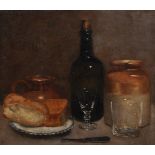 Early 19th Century English School. Still Life of Bread, Black Bottle, Brown Jug with Glasses and a