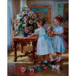 Konstantin Razumov (1974- ) Russian. "Bouquet for our Mother", Two Young Girls arranging Flowers,