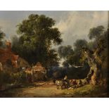 19th Century English School. Figures and Donkeys resting by a Gnarled Tree, with a Cottage beyond,