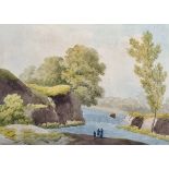Early 19th Century English School. A River Landscape, with Three Figures at the Water's Edge,