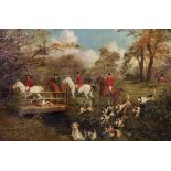 19th Century English School. A Hunting Scene, with Figures on Horseback on a Wooden Bridge, with