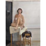 20th Century English School. Study of a Female Nude, seated on a Table, Oil on Unstretched Canvas,