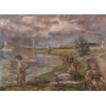 Nancy Carline (1909-?) British. 'Sunbathing by the River', Oil on Canvas, Signed with Initials,