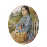 Richard Peter Richards (1840-1877) British. A Young Girl with a Basket of Apples, standing by a