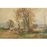Henry Charles Fox (1855/60-1929) British. Cattle Resting on a Country Road, Watercolour, Signed