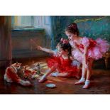 Konstantin Razumov (1974- ) Russian. "Two Little Ballerinas playing with Cats", Two Young Girls