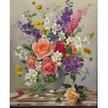 Albert Williams (1922-2010) British. Still Life of Summer Flowers in a Porcelain Vase, Oil on