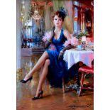 Konstantin Razumov (1974- ) Russian. "Palace Hotel in Biarritz", A Lady wearing a Blue Dress, seated