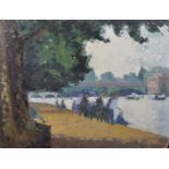 J...Griffin (20th Century) British. A River Landscape with Figures Fishing, Oil on Board, Signed
