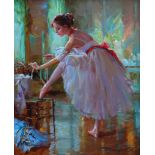 Konstantin Razumov (1974- ) Russian. "Prima Ballerina", A Ballet Dancer tying her Ballet Ribbons,