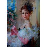 Konstantin Razumov (1974- ) Russian. "A Wonderful Smile", a Young Lady, seated at a Table, wearing a